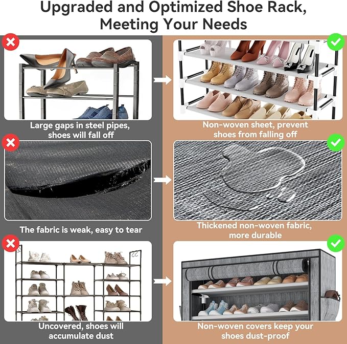 LANTEFUL Shoe Rack with Covers 10 Tier Tall Shoe Rack Organizer Large Capacity Shoe Shelf Storage 40 Pairs Space Saving Free Standing Shoe Storage Organizer for Closet, Entryway, Dorm, Printing