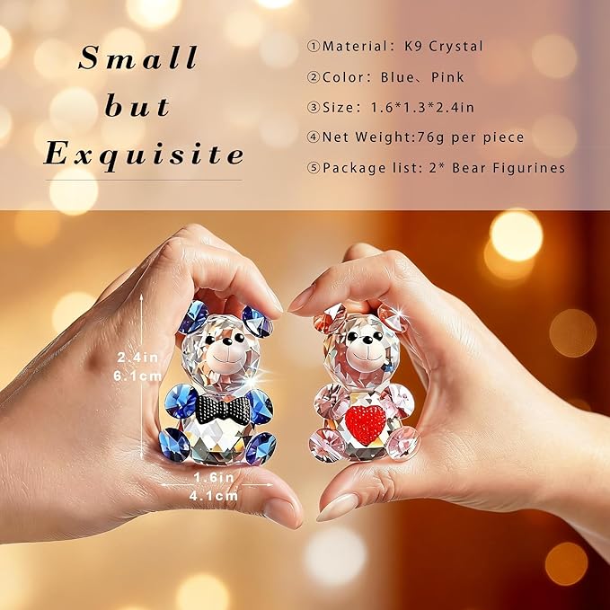 HDCRYSTALGIFTS 2pcs Crystal Bear Figurine Collectibles Gift for Mom Women 2.4inch Art Glass Teddy Bear Animals Paperweight Statue Anniversary Birthday Home Tabletop Wedding Party Decor