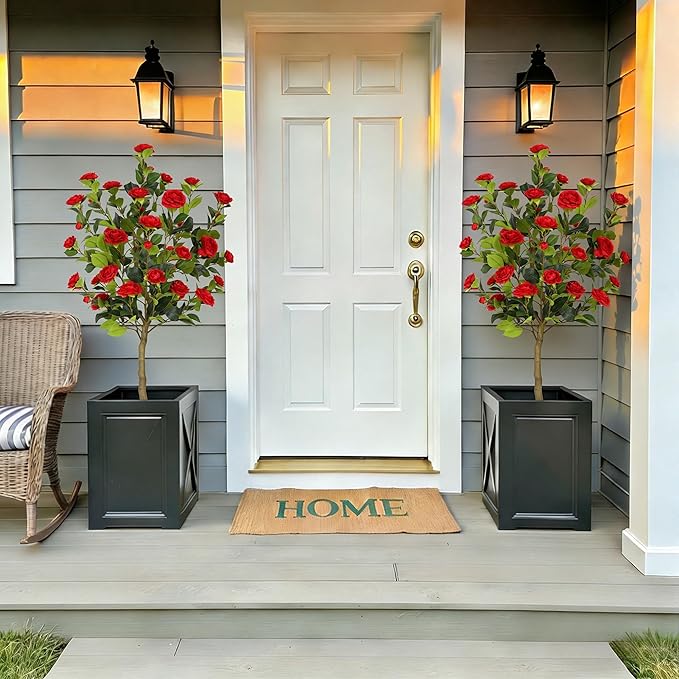 Bellacat 5ft Artificial Camellia Tree with Silk Red Flowers, 60in Faux Camellia Plant with Lifelike Trunk, Fake Flower Tree Potted Front Door Plants for Porch Patio Deck Living Room Decor, 2Pack