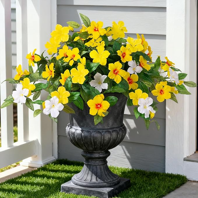Artificial Hanging Faux Flowers for Outdoors Planters 2PCS Fake Flowers Silk Hibiscus Flowers for Outside Outdoor Faux Hanging Plants UV Resistant Spring Home Front Porch Decoration