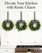 6 Pcs 9" Mini Eucalyptus Wreaths for Kitchen Cabinets, Small Farmhouse Greenery Wreath with Buffalo Check Bow, Realistic Boxwood Leaf Window Indoor Outdoor Decor, UV Protected