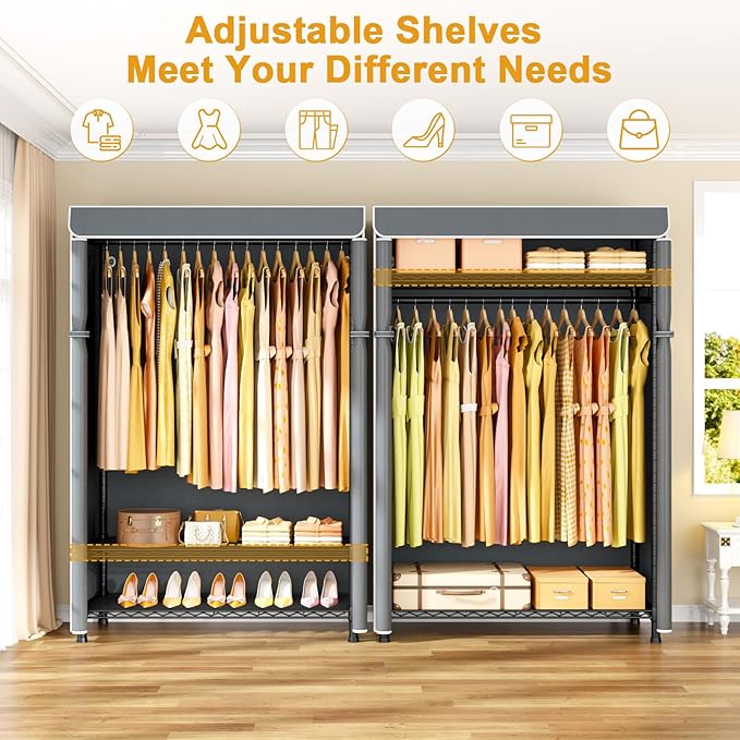 H5C Plus Clothes Rack with Cover, Portable Closet for Hanging Clothes, Covered Clothing Racks Heavy Duty, 3-Tiers Garment Rack with Shelves Max Load 370LBS Black Closet Rack with Gray Cover