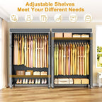 H5C Plus Clothes Rack with Cover, Portable Closet for Hanging Clothes, Covered Clothing Racks Heavy Duty, 3-Tiers Garment Rack with Shelves Max Load 370LBS Black Closet Rack with Gray Cover