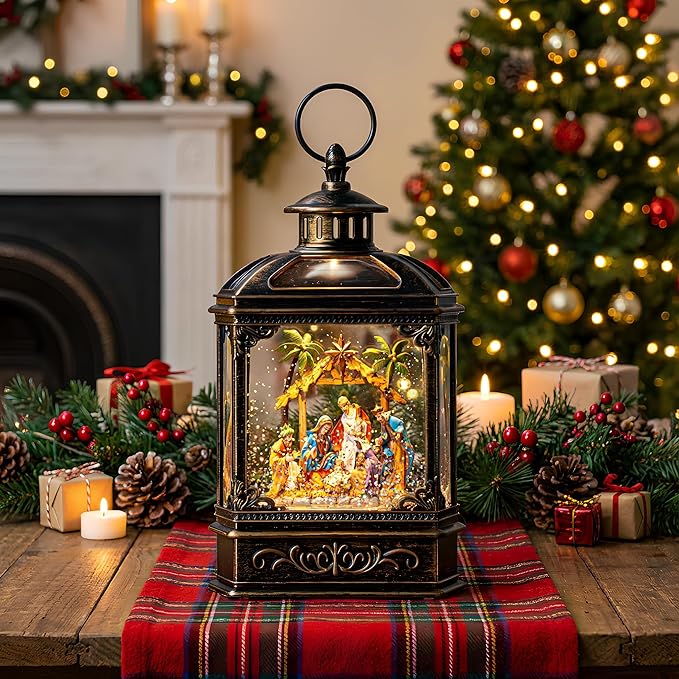 Christmas Snow Globe Swirling Glittering Nativity Scene with Music, USB Lined/Battery Operated Lighted Water Lantern for Christmas Festival Decoration Gifts