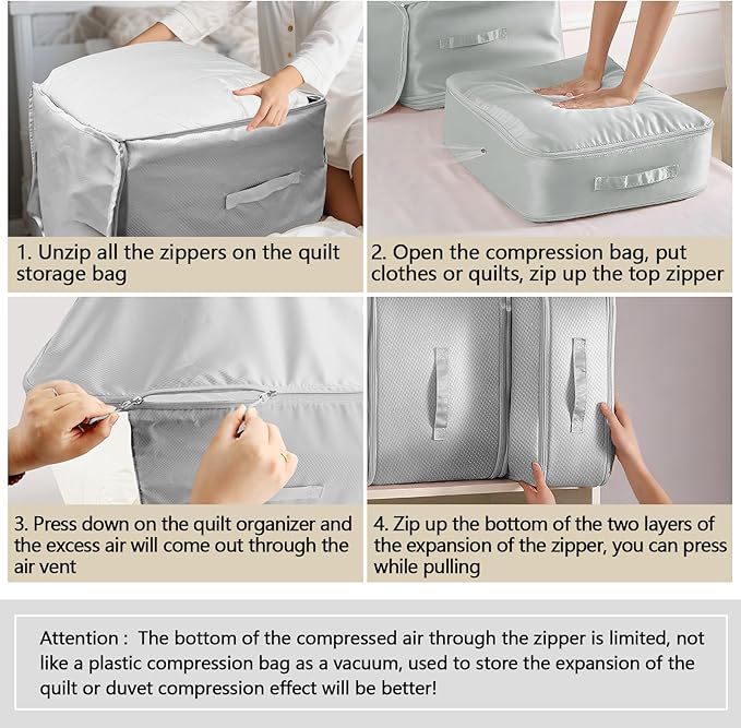 6 Pack Space Saving Comforter Storage Bag with Handle, 3-Layer Compression Blanket Storage Bags Adjustable In 3 Sizes (142L, 107L, 71L), Washable Bedding Organizer For Pillow Duvet Clothing Plush Toy
