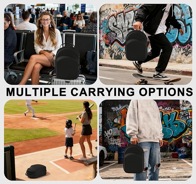 Black hard hat box baseball cap storage box with handle and adjustable shoulder strap suitable for travel and home storage