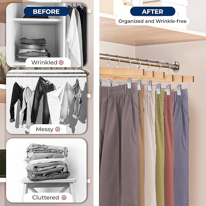 SereneLife 10 Pack Skirt and Pant Hanger with Adjustable Non-Slip Steel Clips, Premium Wooden, 360° Swivel Hook & 10 lb Capacity – Space-Saving Heavy-Duty Hangers for Jeans, Shorts & Slacks (Natural)