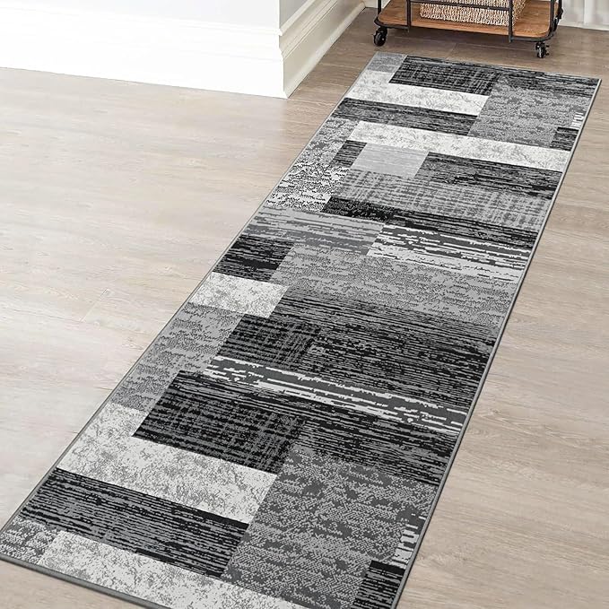 FlyDOIT Modern Geometric Patchwork Area Rug, 2.7x8 Grey Runner Rugs for Living Room, Rockwood Collection Indoor Rugs for Bedroom, Throw Carpet Floor Decor for Entryway Dining Room Office Nursery