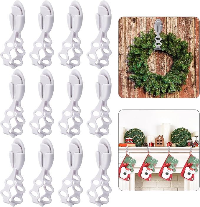 12 Pcs Christmas Ties Wreath Holder - 8.5" Adhesive Silicone Hangers - Stretchable Adhesive Straps Stocking Holder for Garland Mantle Stairways Decoration