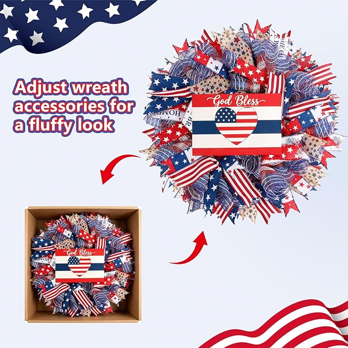 Patriotic Wreath for Front Door, 24 inch 4th of July Decorations with Red White Blue Flag Tags for 250th Anniversary American Independence Day Memorial Day Decor
