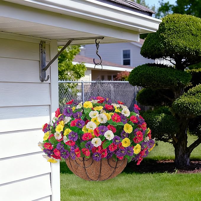 Artificial Fake Hanging Flowers with Basket, Faux Silk Morning Glory Flower Arrangement for Spring Summer Decor, Hanging Plant for Patio Garden Porch Outdoor Decor