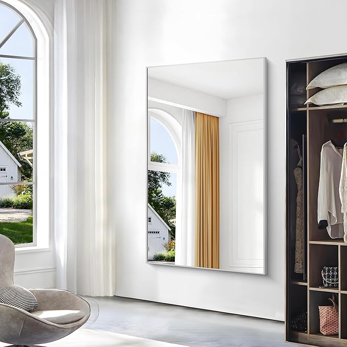BONEWEI Silver Bathroom Mirror,60x36 inch Wall Mirror for Bathroom Wall Mounted,Large Rectangle Mirror for Bathroom Over Sink,Modern Metal Frame for Living Room,Bedroom Entryway,Horizontal/Vertical