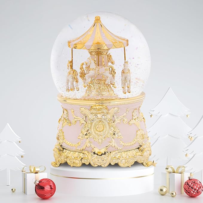 Carousel Music Box Gold Pink Christmas Snow Globes, 7.1" Glass Rotate Carousel Snow Globe for Kids & Adults, Classic Wind up Musical Snow Globe Valentines Day Gifts, Carousel Horse Home Decor