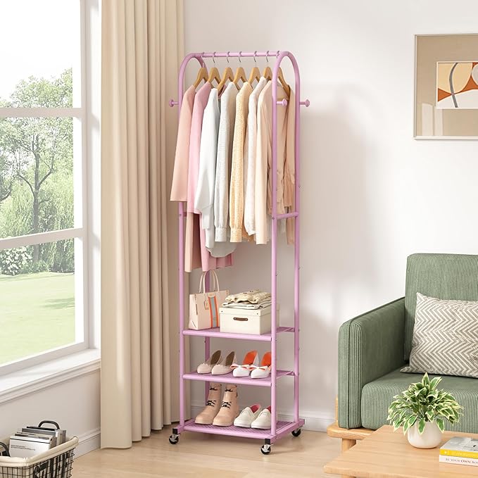 Heavy Duty Clothing Rack with Wheels,Modern Garment Rack with 3 Metal Shelves, 71.8Inches Display Rack for Hanging Clothes, Hanging Rod for Small Space,Pink