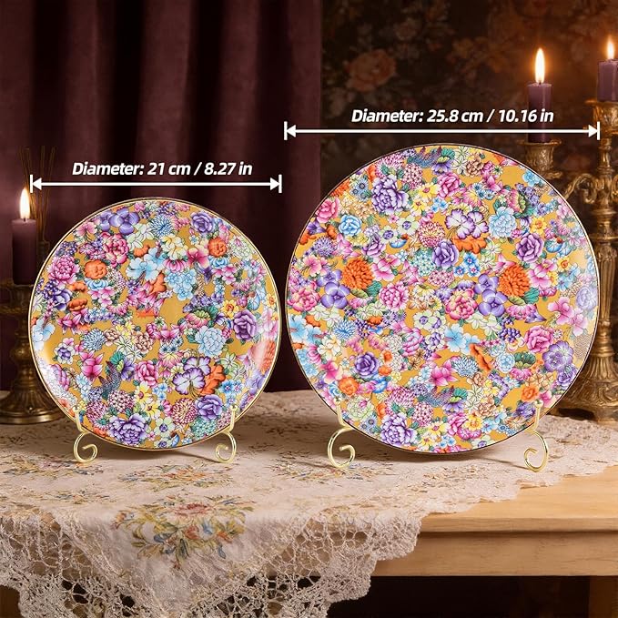 KAMMAK Decorative Plates Set for Display, Gold Ceramic Plate Decor with Stand，Handmade Vintage Flower Porcelain Ornament for Living Room, Kitchen, Office, Perfect Chinese Style Dish Gift (8in+10in)
