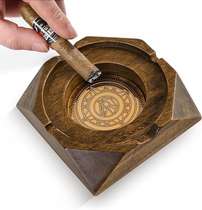 Wooden Cigar Ashtray Accessories for Cigarettes - Indoor Outdoor Patio Home Office Use - Quadrangular Wooden Brown Ash Tray Gift Set for Men Great Decor for Home Office or Bar