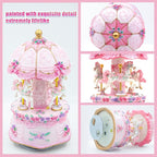Carousel Music Box，Luxury Color Change LED Light Music Box,Luminous Rotating 3-Horse Musical Box with Gift Box for Girls Birthday Valentine Gift (Castle in The Sky, Pink)