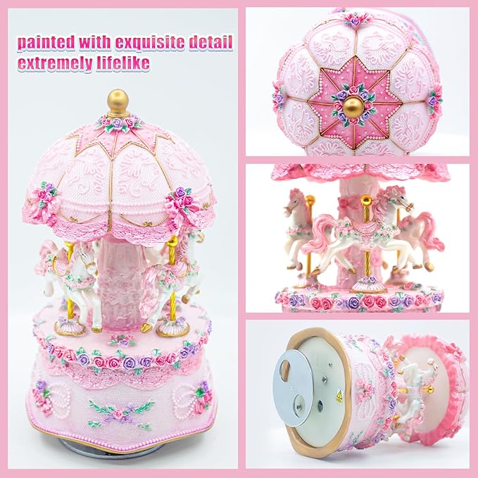Carousel Music Box，Luxury Color Change LED Light Music Box,Luminous Rotating 3-Horse Musical Box with Gift Box for Girls Birthday Valentine Gift (You are My Sunshine, Pink)