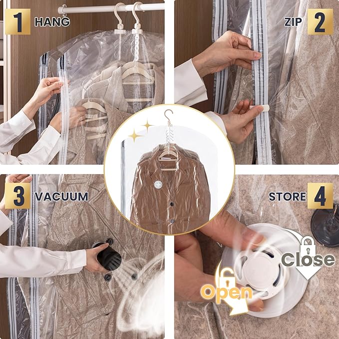TAILI Hanging Vacuum Sealer Suction Space Saver Storage Bags for Clothes Travel with Electric Air Pump And Rolling Slide Clip for Coats, Closet Organizers, 3 Long 3 Short