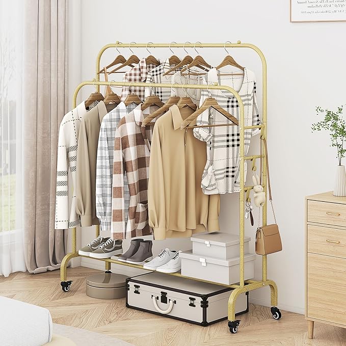 SUOERNUO Garment Rack with Wheels Clothing Rack for Hanging Clothes Multi-functional Bedroom Clothes Rack，Gold+Double Rods