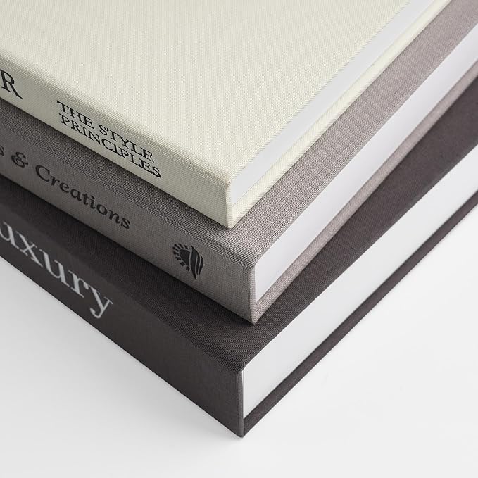 1DOT2 Aesthetic Decorative Books -Set of 3 Minimalist Linen Hardcover Faux/Fake Books,Decorative books for Home Decor Living Room Decoration,Photo Storage or as a Keepsake Box(Black-gray-beige-luxury)