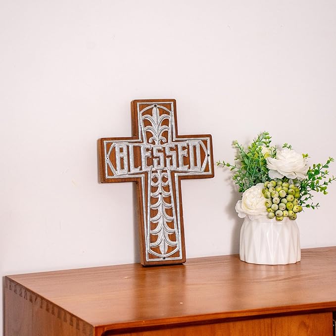 Wall Wooden Cross Christians Spiritual Religious Gifts With Hook on Hanging Wall Or Table With Blessed For Church Home Room Decoration For Christmas (Iron Blessed)