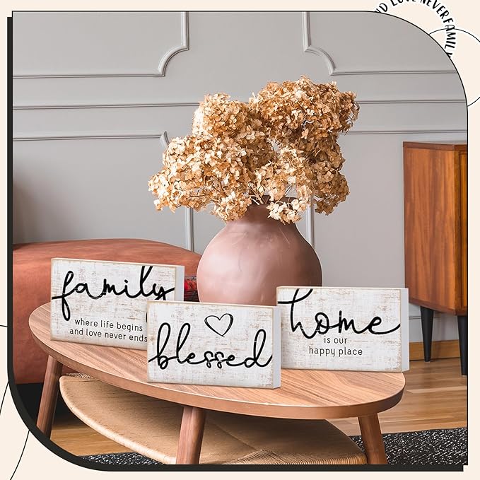 Jetec 3 Pcs Family Home Blessed Rustic Wood Sign Mini Wood Decorative Farmhouse Woodworks Table Shelves Decorations Sign for Bedroom Kitchen Living Room Table Decor(Retro Color,4.25 x 2.76 x 0.59 in)