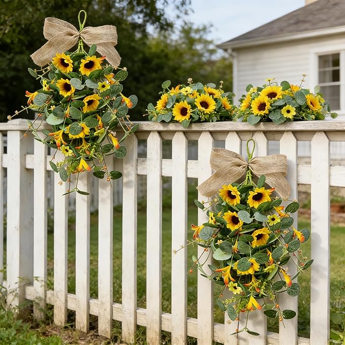 2 Pack 21'' Summer Sunflower Swag Wreaths for Cabinets Artificial Yellow Daisies Flower Teardrop Wreath with Orange Berry and White Sprigs Floral Wreath for Farmhouse Front Door Porch Window Wall