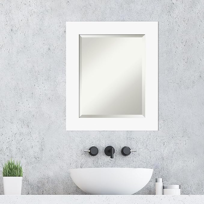Amanti Art White Wall Mirror 25x21 Basic White Rectangle Bathroom Mirror for Wall Decor Living Room, Small Casual Wood Frame, Hangs Horizonally and Vertically, Bathroom Decor, Beveled Edge