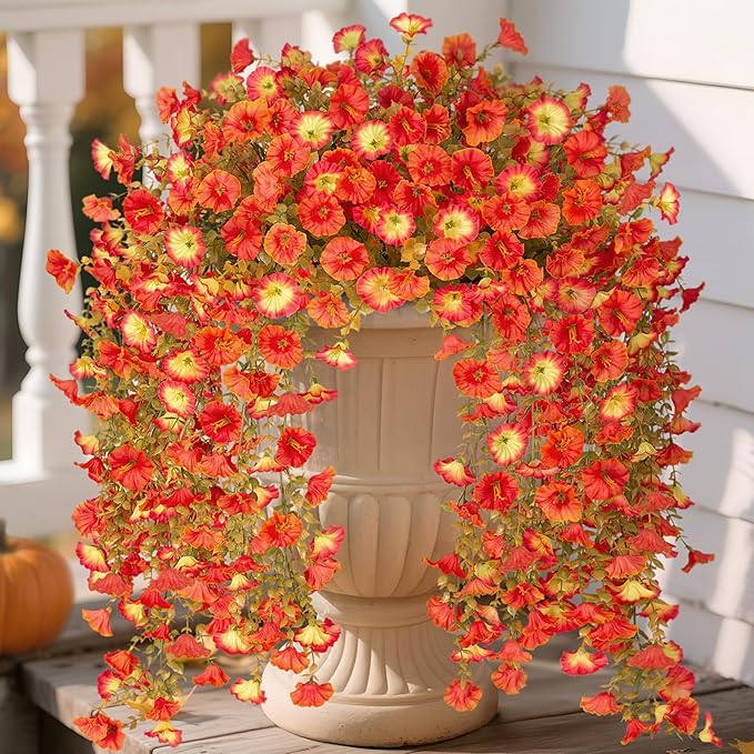 Artificial Fall Hanging Flowers for Decoration, 2pcs Long Vine Fake Flowers Plants Morning Glory, Realistic Faux Petunias for Planter Patio Porch Garden Autumn Outdoors Dec, Orange Sunset
