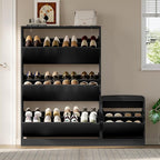 Shoe Cabinet with Bench and 3 Flip Drawers, Slim Narrow Shoe Storage Cabinet, Freestanding Shoe Rack Organizer with Adjustable & Removable Shelves, Anti-Tip for Entryway, Hallway, Foyer