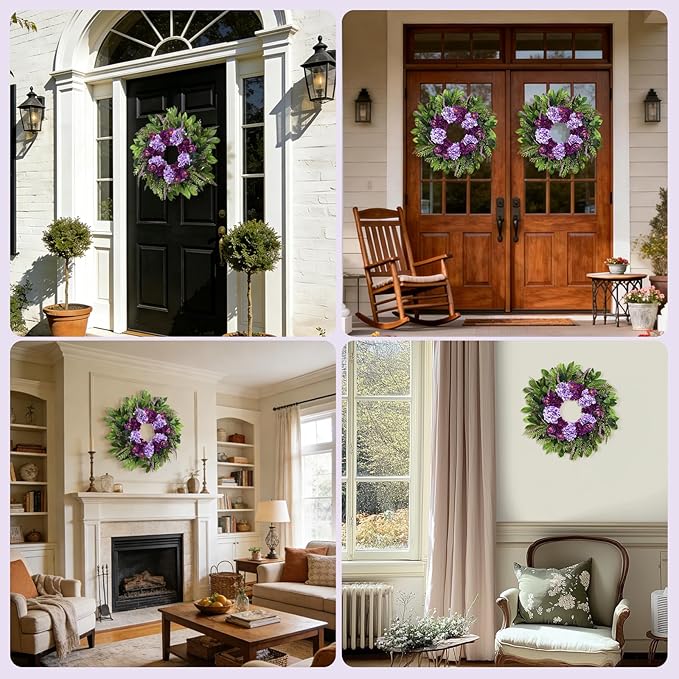 Summer Wreaths for Front Door, 24 Inch Summer Wreath Purple Floral with Hydrangea Ranunculus Flower Summer Door Wreaths for Porch Entryways Wall Window Farmhouse Party Home Seasonal Decor