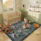 Washable Area Rugs 5x7 Black Green Vintage Floral Botanical Pattern,Perfect for Living Room, Bedroom, Kids Room, Nursery - Stain & Water Resistant Non-Slip, Pet & Child Friendly/Bedroom Decor