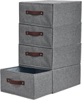 4PCS Closet Drawer Organizer Stackable Fabric Storage Boxes Bins Baskets with Lid PU Leather Handles Foldable Washable Cotton Linen Wardrobe Shelf Cloth Towels Container (Gray, Large)
