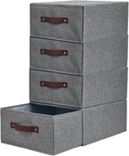 4PCS Closet Drawer Organizer Stackable Fabric Storage Boxes Bins Baskets with Lid PU Leather Handles Foldable Washable Cotton Linen Wardrobe Shelf Cloth Towels Container (Gray, Large)