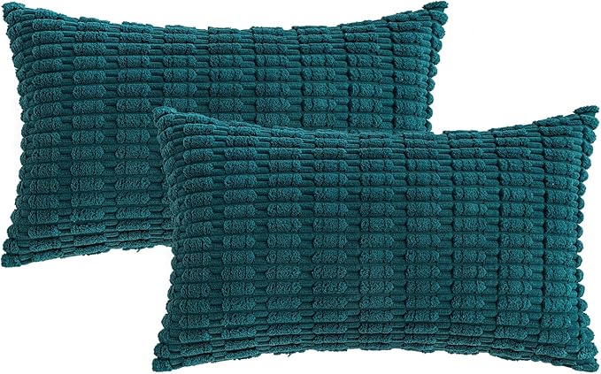 MIULEE Pack of 2 Corduroy Decorative Lumbar Throw Pillow Covers 20x12 Inch Soft Boho Striped Pillow Covers Modern Farmhouse Home Decor for Summer Coastal Sofa Living Room Couch Bed Teal