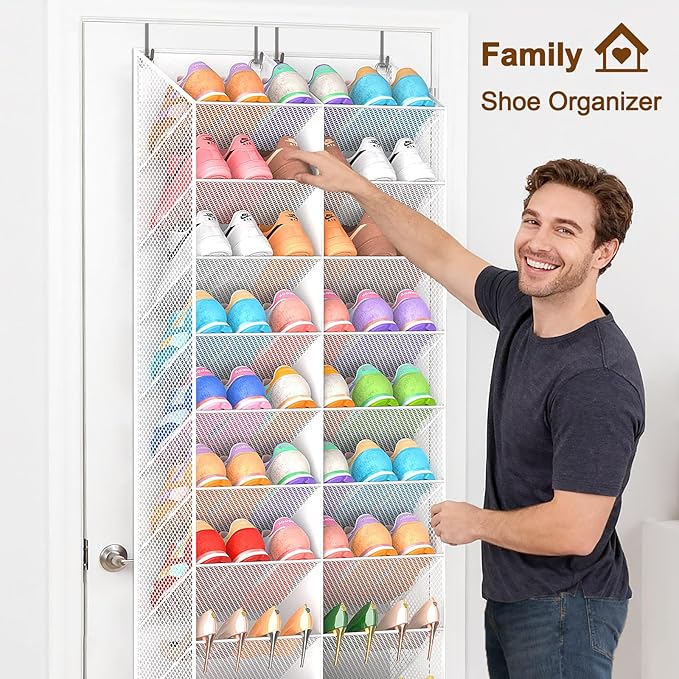 30 Pairs Over the Door Shoe Organizer, Breathable Mesh Pocket Hanging Shoe Storage for Closet, 10-Tier Door Shoes Rack, Handing Shoes Holder Fit All the Family's Sneakers, Boots, Heels, White