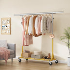 Rolling Clothes Rack Load 530lbs,Heavy Duty Garment Rack With Sturdy Wheel And Shelves, Adjustable Portable Hanging Rack For Clothes, Gold