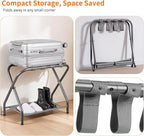 Heybly Luggage Rack for Guest Room, Steel Folding Suitcase Stand with Storage Shelf for Bedroom, Hotel, Foldable Steel Frame, Guest Room Bedroom Hotel, 22.8" L x 11.8" W x 20.9" H, Gray HLR004G1