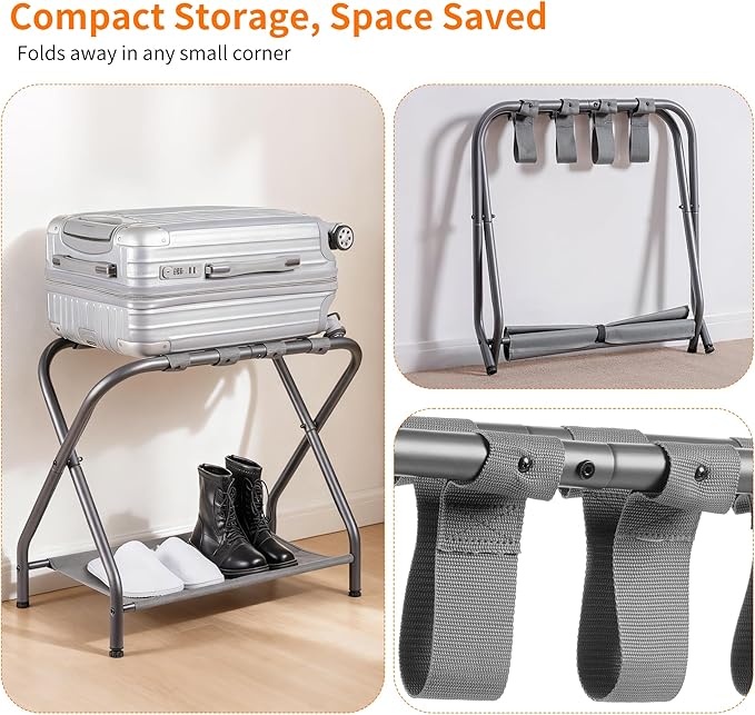 Heybly Luggage Rack for Guest Room, Steel Folding Suitcase Stand with Storage Shelf for Bedroom, Hotel, Foldable Steel Frame, Guest Room Bedroom Hotel, 22.8" L x 11.8" W x 20.9" H, Gray HLR004G1