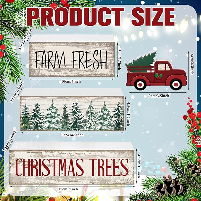 Lineshading 4 Pcs Christmas Decor Wooden Red Truck Winter Tiered Tray Decor Rustic Merry Christmas Table Centerpiece Wood Red Truck Block Sign Gift Farmhouse for Home Kitchen Tabletop Office Shelf