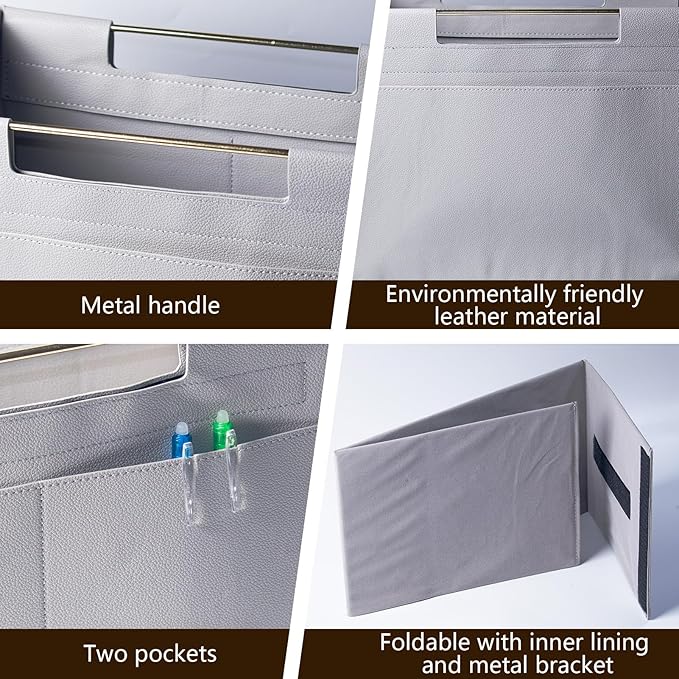 Leather Magazine Holder Foldable with Handles，Stable Magazine Rack Floor，Magazine Basket File Holder Storage，Document File Folder Organizer Free Standing for Office Living Room (grey)
