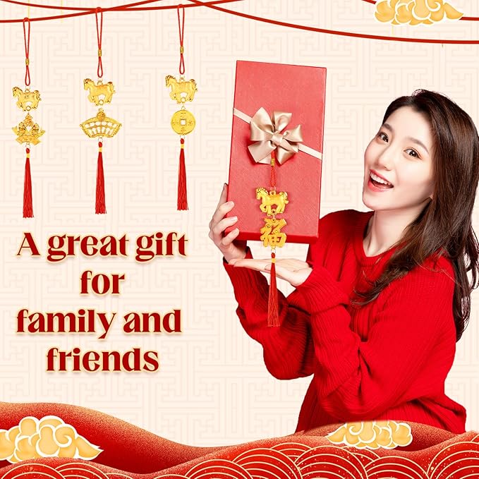 8 Pcs Chinese New Year Horse Decorations Lunar New Year 2026 Red Tassel Ornaments with Wealth Success Good Luck Hanging Decorations for Gifts Home Car Decor