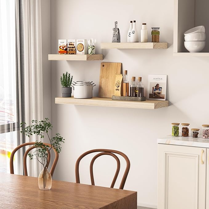 Vivelove Natural Wood Floating Shelves 48”，8 inch Deep Floating Shelf with Invisible Brackets, Unfinished Wall Shelves for Living Room, Bathroom, Kitchen, Bedroom, Home Decor, Set of 1 - Natural