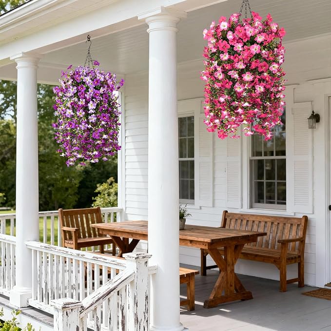 Artificial Fake Hanging Flowers Plants for Outdoor Spring Decoration,2 PCS Faux Silk Morning Glory with Eucalyptus Leaves,UV Resistant Realistic Trailing Vines for Balcony Porch Patio Yard Garden