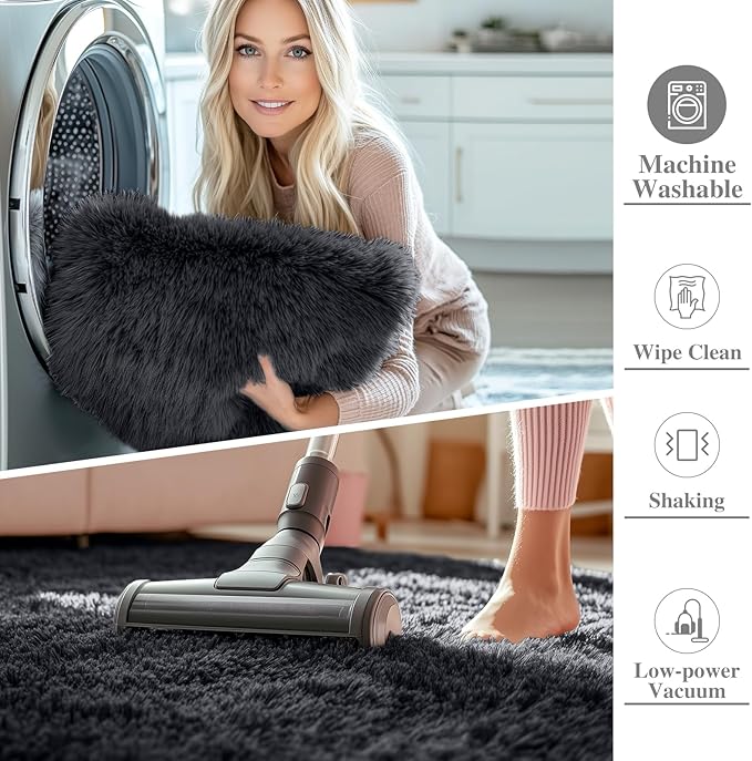OLANLY 9x9 Machine Washable Large Area Rugs for Living Room, Bedroom, Soft Fluffy Shaggy Bedside Rug, Indoor Floor Carpet for Kids Girls and Boys, Dorms, Nursery, Home Decor Aesthetic, Black