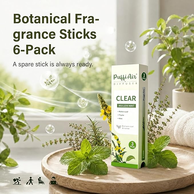 PUFFIAIR Botanical Fragrance Stick Set, Plant-Based Mullein, Thyme & Mint Botanical Scent, Non-Electronic Personal Fragrance Accessory, 3 Sticks, 1 Pack