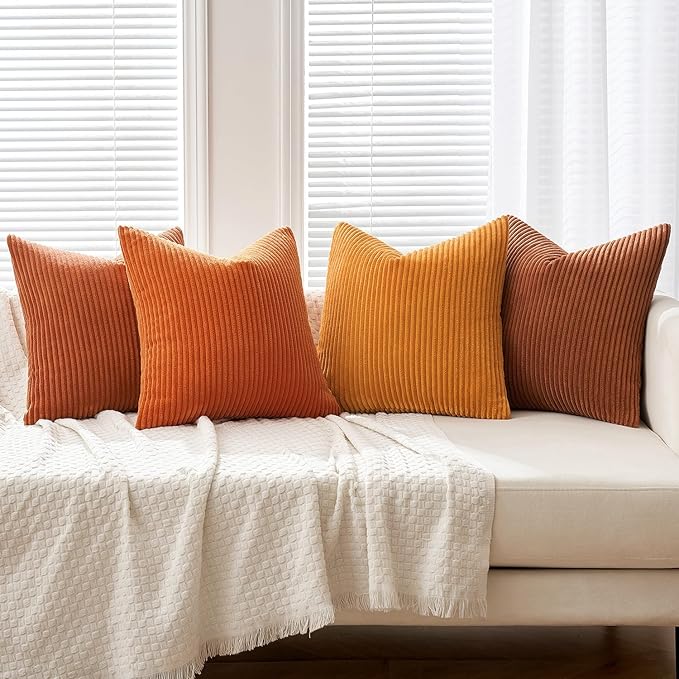 MIULEE Boho Farmhouse Throw Pillow Covers 18x18 Inch Set of 4 Mordern Nordic Cushion Covers Soft Corduroy Home Decor for Couch Bed Sofa Living Room Orange Rust