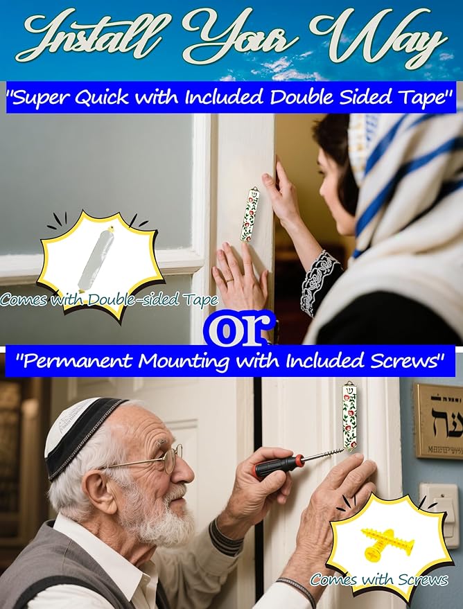 Exquisite Enamel Design Mezuzah with Scroll, Easy Install Use Double-Sided Tape, Pomegranate Theme Mezuzah for Door with Crystal Diamond Accent for Any Memorable Jewish Occasions, 3.8”