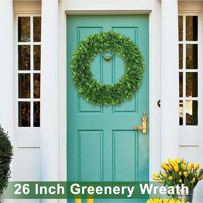 26Inch Boxwood Wreaths for Front Door，Summer Wreaths for Front Door Outside Realistic，Front Door Wreath Outside All Season，Artificial Green Wreath for Farmhouse Porch Wall Wedding Room Home Decor